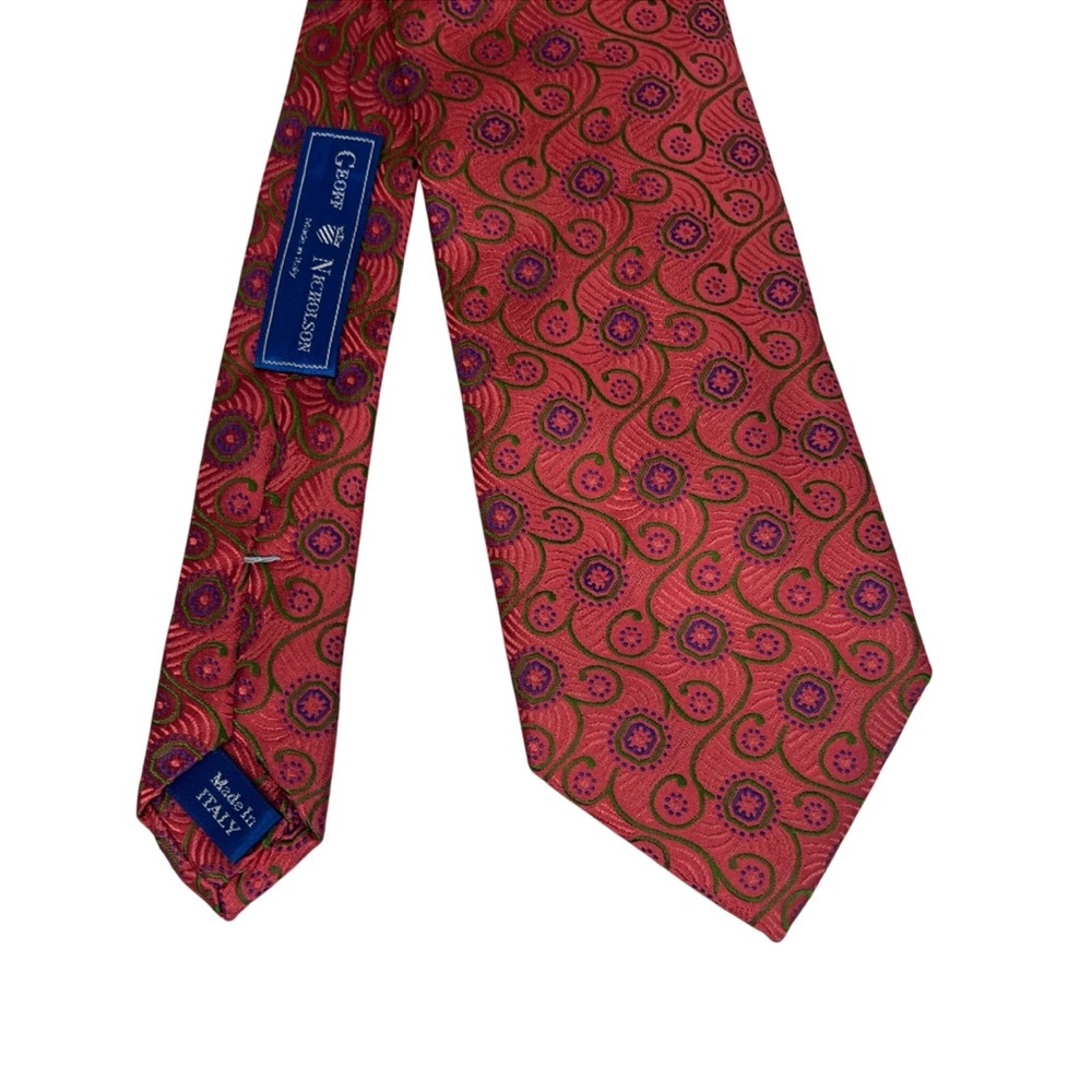 Geoff Nicholson Pink Green Paisley Print Silk Tie Made In Italy